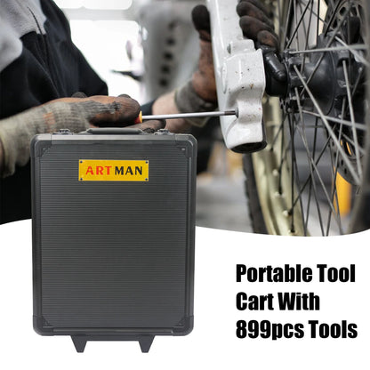799 Pieces Professional Mechanics Hand Tool Set, Mobile Tool box on Wheels W/Ratchets& Socket, Screwdriver, Tongs, 4-layer Tool Case & Tool Kit, Silver