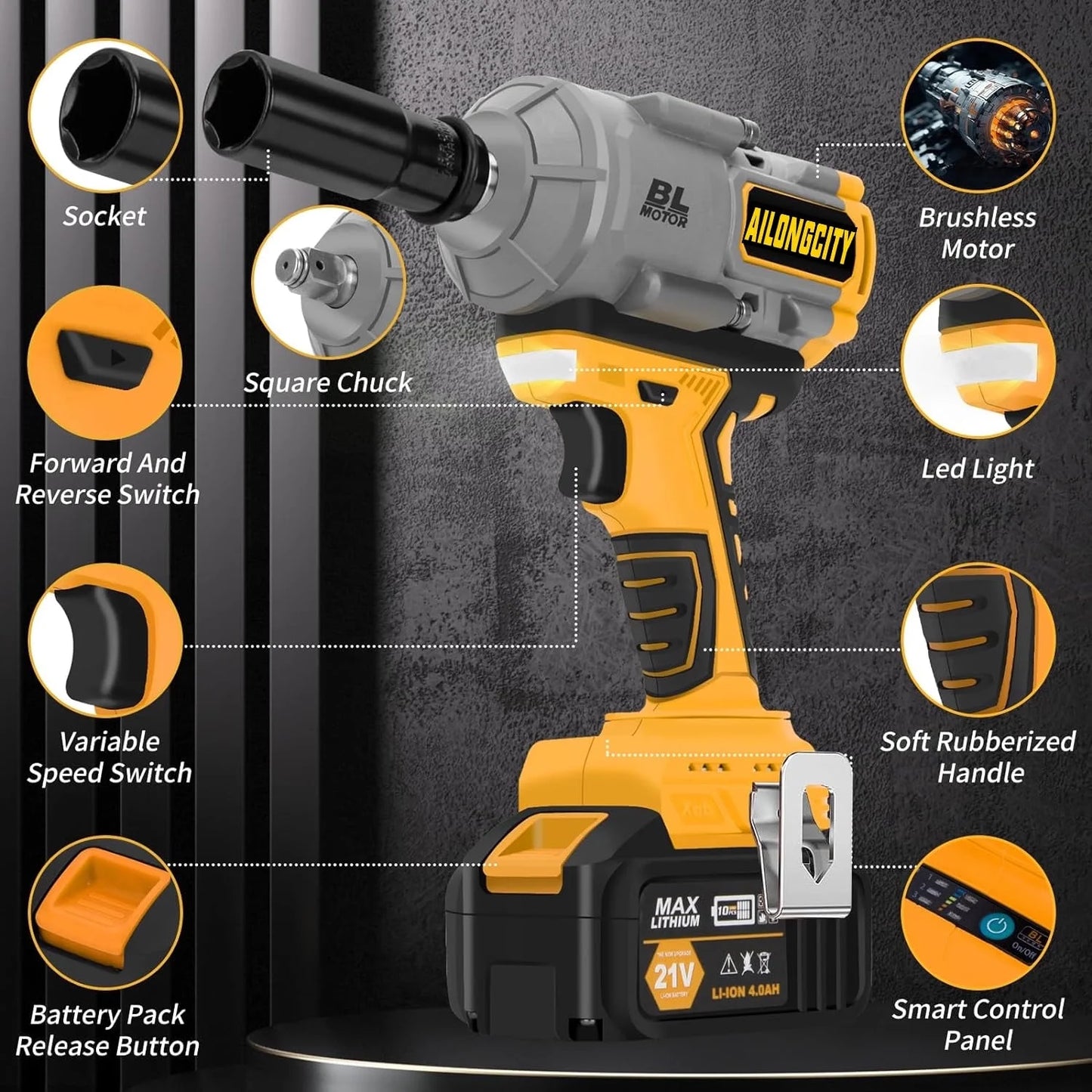 1000N.m(740ft-lbs) Cordless Impact Wrench, 1/2 Inch High Torque Brushless 21V Impact Gun w/2 x 4.0Ah Battery & Fast Charger & 5 Sockets, Pistola De Impacto for Home Car Tires Truck Mower