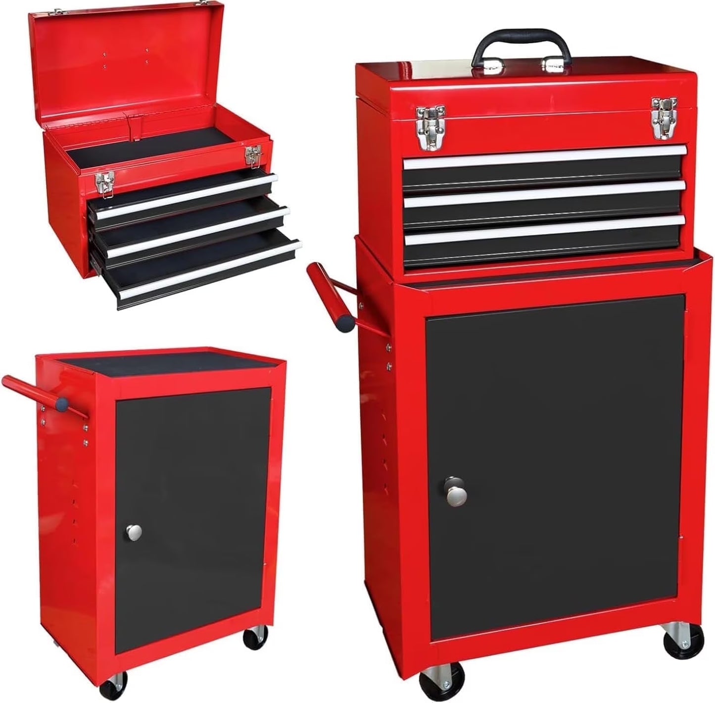 HPDAVV Detachable 3 Drawer Tool Chest Large Storage Cabinet and Adjustable Shelf Red