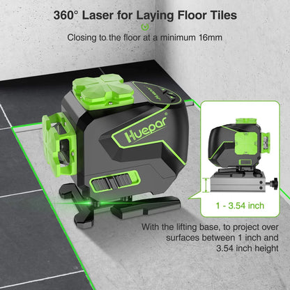 Huepar 3 x 360 Degree Cross Line Laser Level 3D Self-leveling Tiling Floor Green Beam Laser Leveler Tools with Li-ion Battery & Pivoting Base S03DG-L