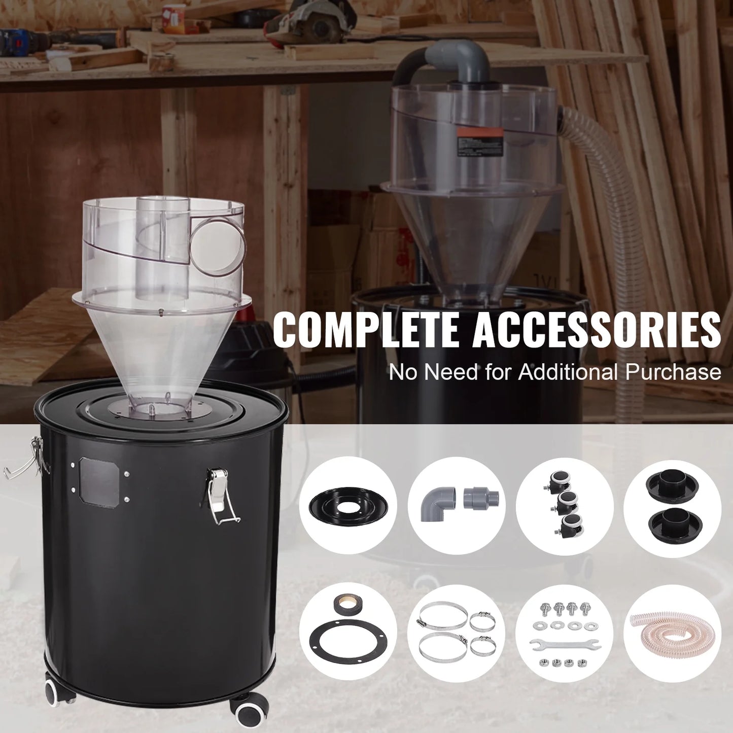 KFFKFF Dust Cyclone Kit with Steel Container, 4" Upgrade for Dust Collection Systems, ABS Dust Deputy, 2" Outer Diameter Connector & Hose for Wet/Dry Vacuums, Compatible with 13.21 Gallon Tanks