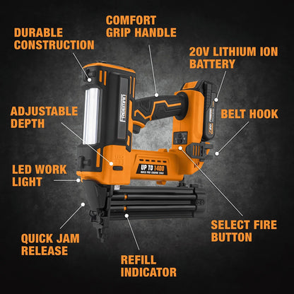 Freeman PE20VBR50 20 Volt Cordless 18-Gauge 2" Brad Nailer Kit with Lithium Ion Battery, Charger, Bag, and Nails (500 Count) - 1400 Shots per Charge