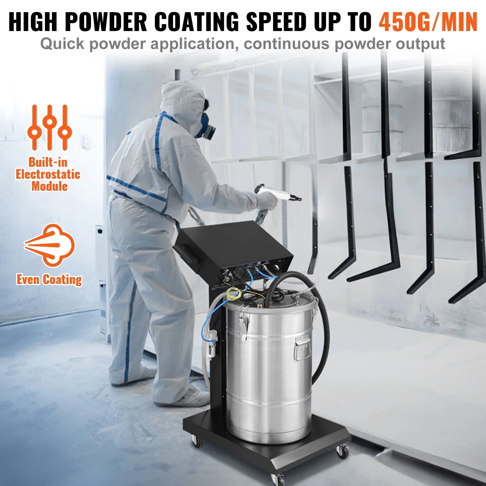 KFFKFF Powder Coating System, 40W Electrostatic Spray Spraying Gun Paint System With 50L Powder Hopper, 450g Per Minute Powder Coating Machine with Spray Gun and Trolley Base