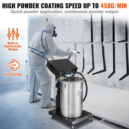 KFFKFF Powder Coating System, 40W Electrostatic Spray Spraying Gun Paint System With 50L Powder Hopper, 450g Per Minute Powder Coating Machine with Spray Gun and Trolley Base
