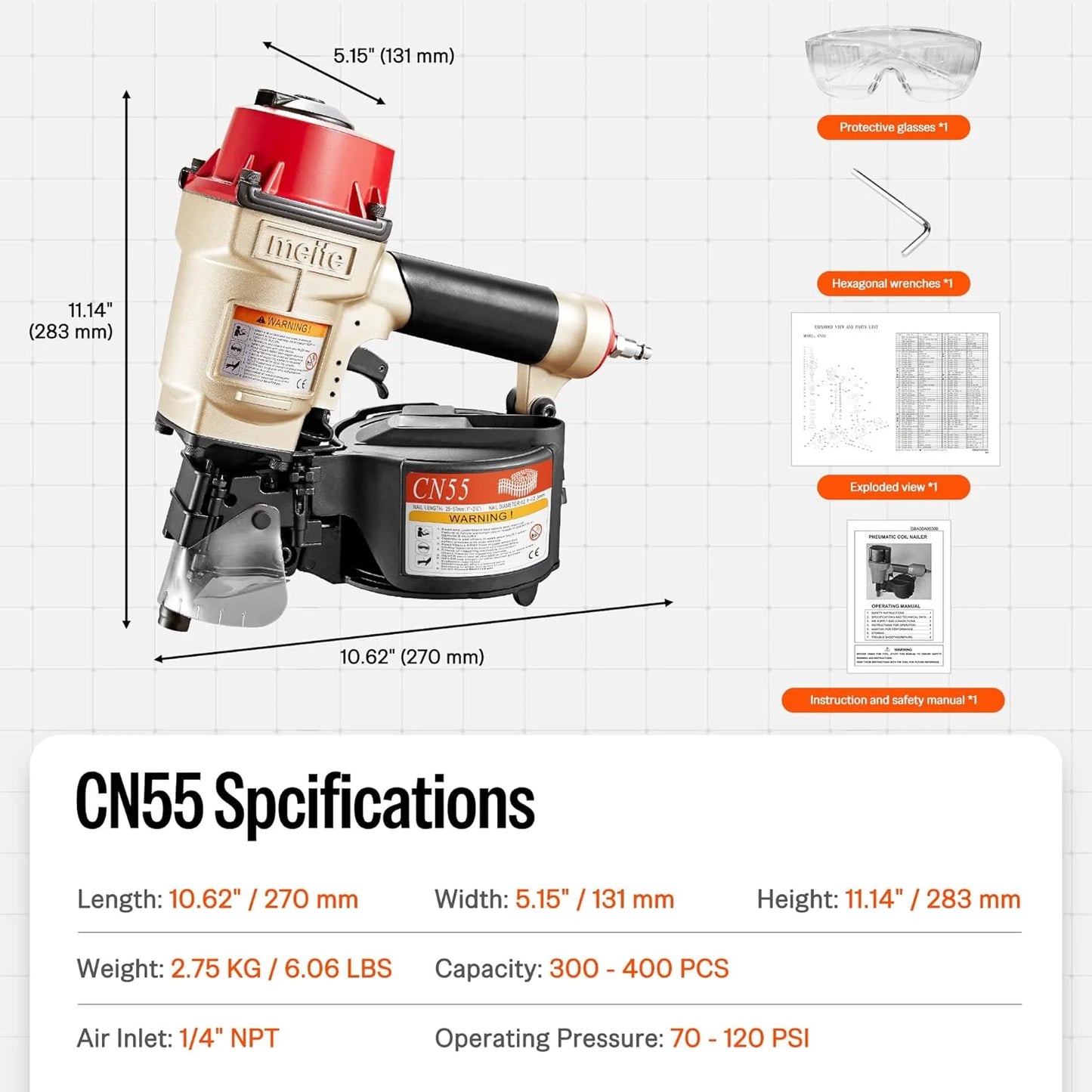 MEITE CN55 Pneumatic Coil Siding Nailer 15 Degree 1" to 2-1/4" Length Coil Nail Gun