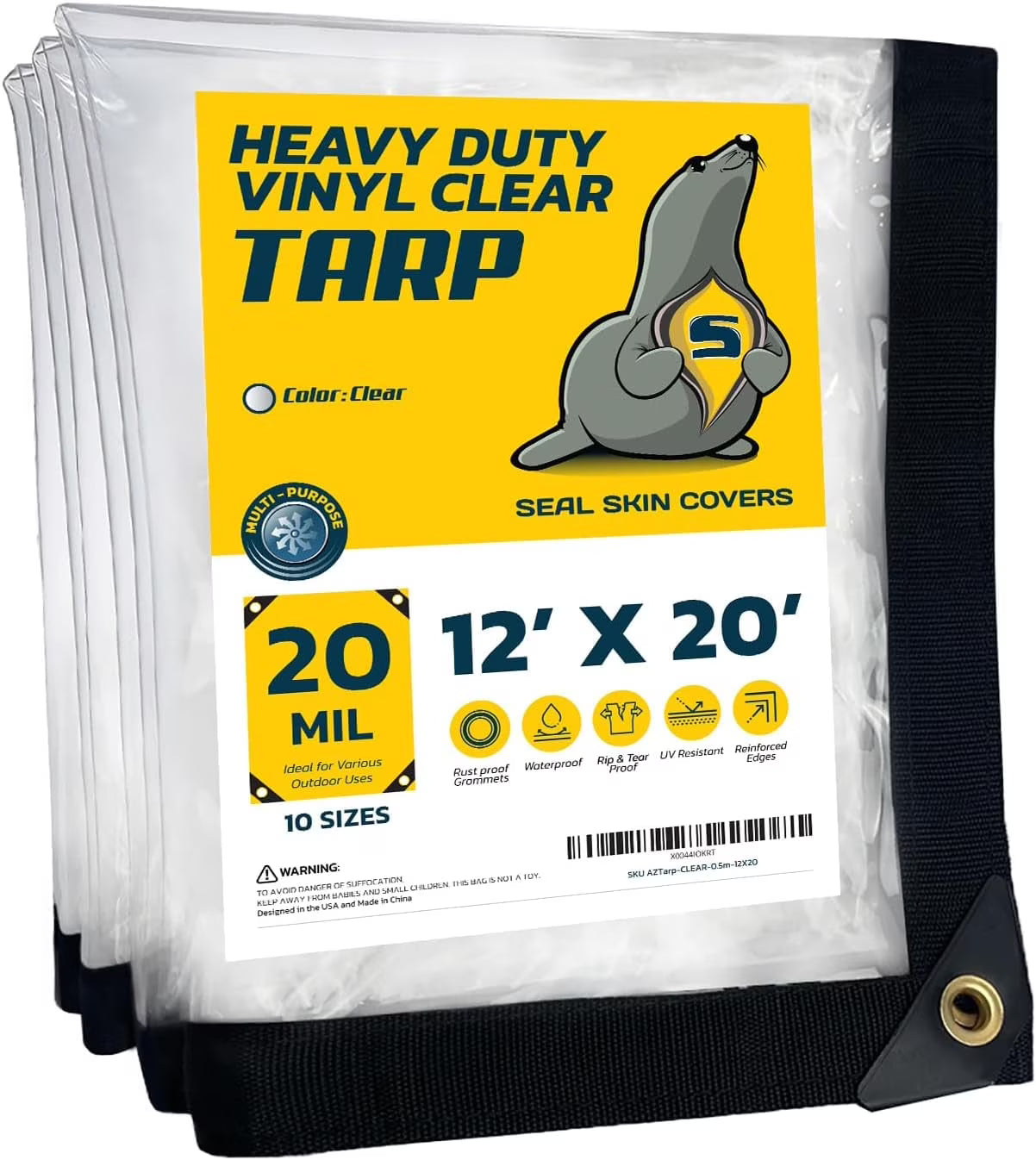 Seal Skin Waterproof Clear Tarp,20 Mil Transparent Vinyl Tarpaulin with Grommets 12' X 20'