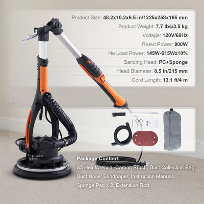 BENTISM Drywall Sander 900W Brush Motor 800-1800RPM Variable Speed & Self-Suction