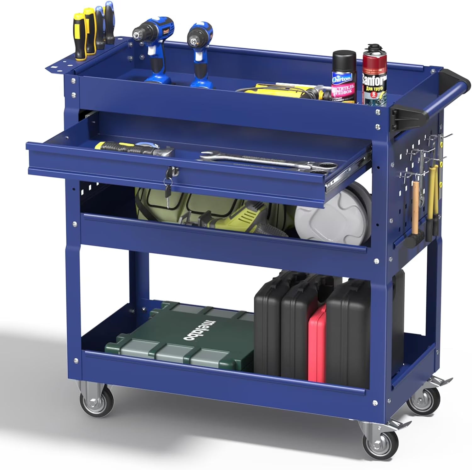 Odaof 3 Tier Rolling Tool Cart,Tool Chest and Tool Organizer with Wheels and Drawer,330 lbs Capacity Utility Cart for Garage Warehouse(Red)