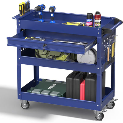 Odaof 3 Tier Rolling Tool Cart,Tool Chest and Tool Organizer with Wheels and Drawer,330 lbs Capacity Utility Cart for Garage Warehouse(Red)