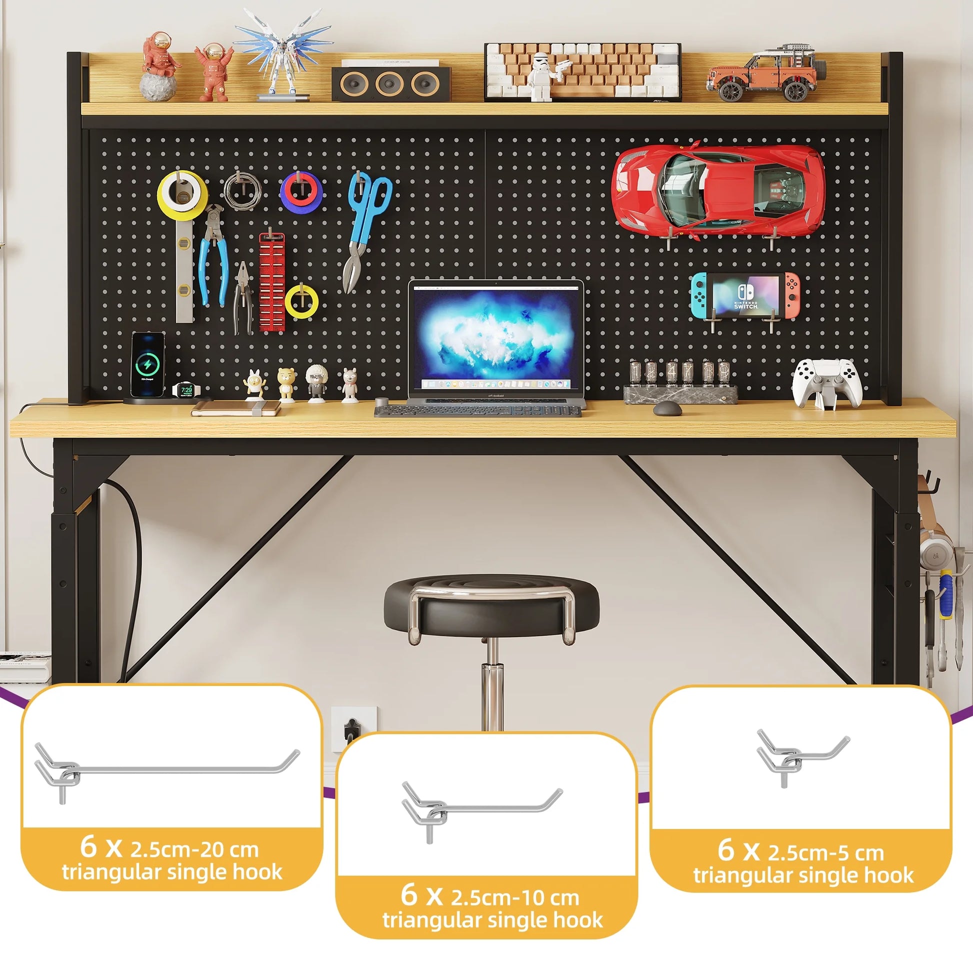 DWVO Tool Cart, Workbench Adjustable Height Work Bench For Garage Oak Plank & Carbon Steel Heavy Duty Workbench 2000lbs Weight Capacity Bench top Size 59.1" x 23.6" with Pegboard Power Outlets