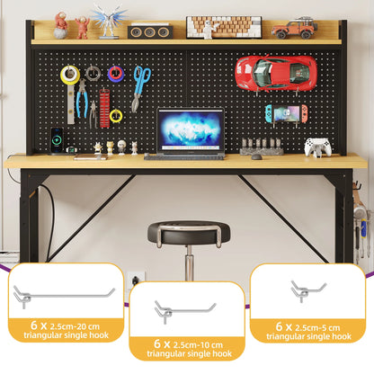 DWVO Tool Cart, Workbench Adjustable Height Work Bench For Garage Oak Plank & Carbon Steel Heavy Duty Workbench 2000lbs Weight Capacity Bench top Size 59.1" x 23.6" with Pegboard Power Outlets