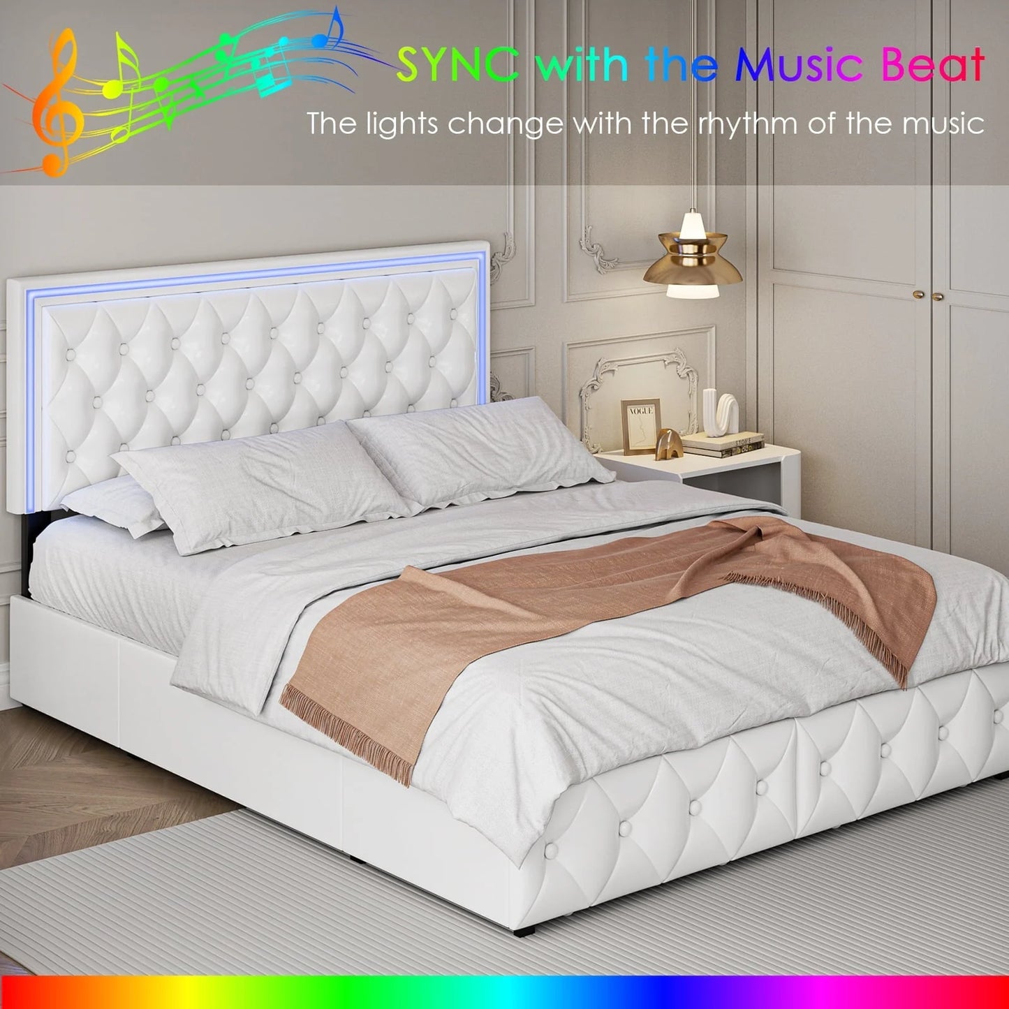 Homfa Queen LED Bed, 9 Colors LED Lights Platform Bed Frame with 4 Storage Drawers, Adjustable Upholstered Headboard with Button Tufted, PU White