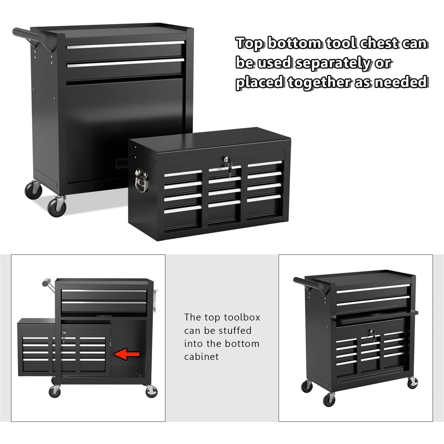 Aukfa Tool Box, 2 in 1 Steel Rolling Tool Chest & Cabinet on Wheels for Garage, 8-Drawers, Black