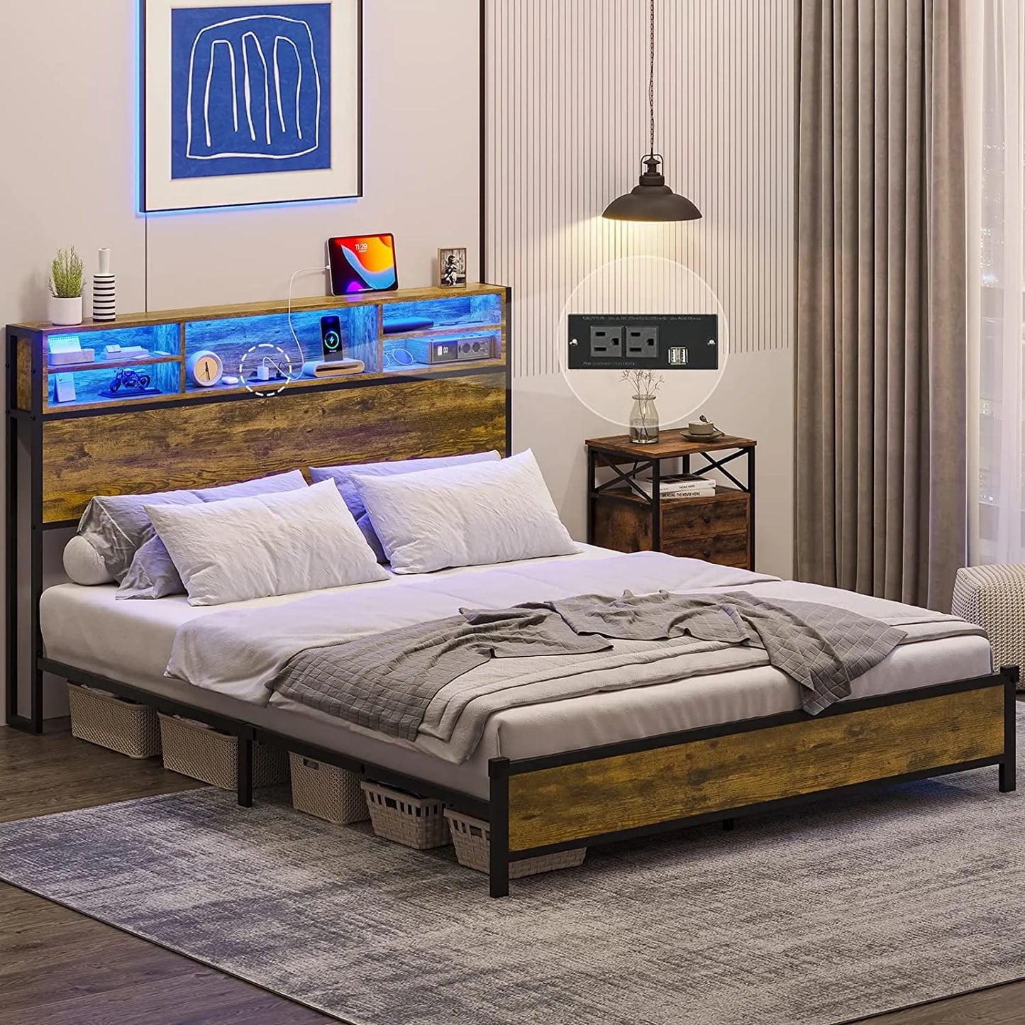 Full LED Bed Frame with Charging Station and Storage Headboard,Full Size Metal Platform Bed with LED Lights, Rustic Brown