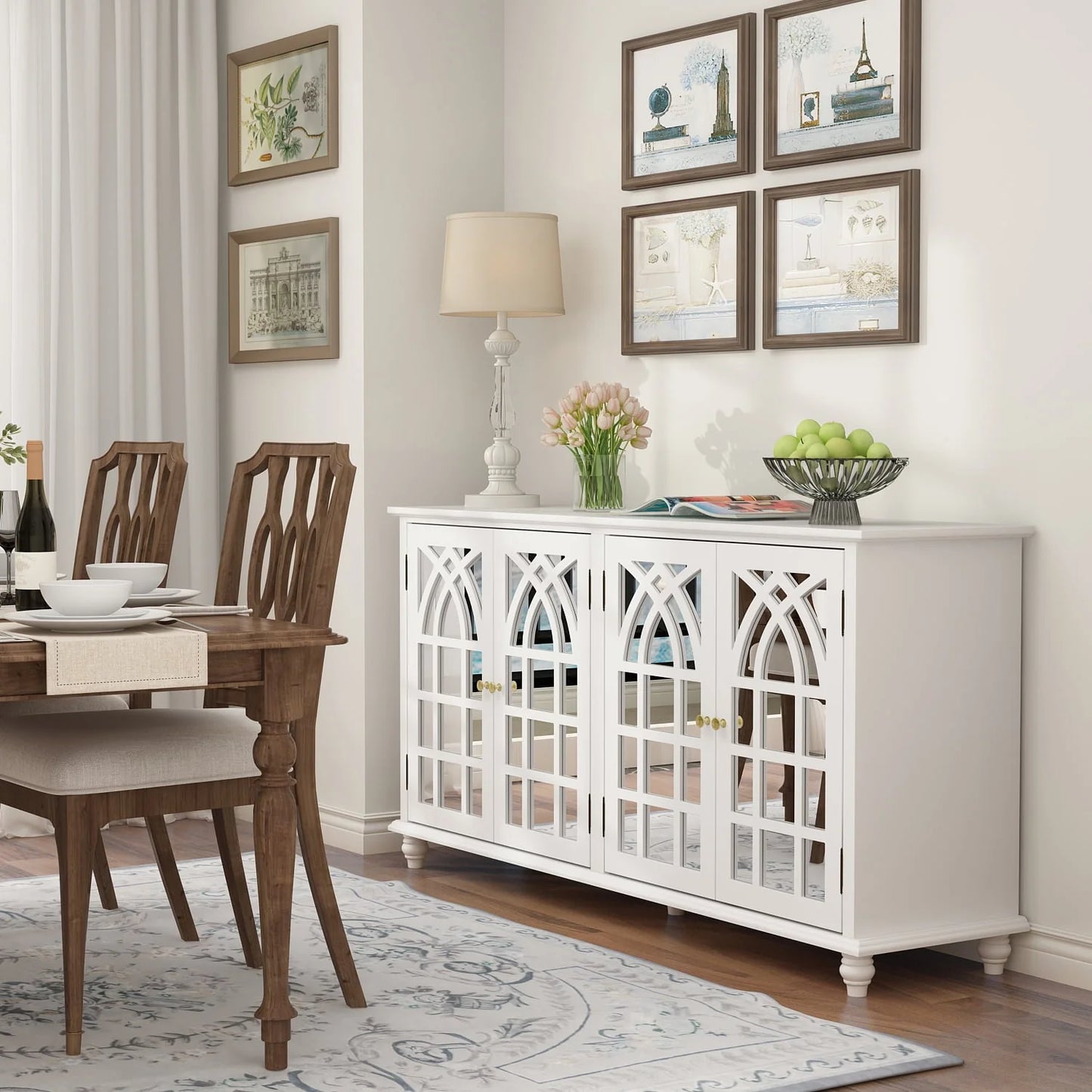 Timechee Buffet Sideboard Accent Table, Console Table Storage Cabinet with Mirror Doors,White