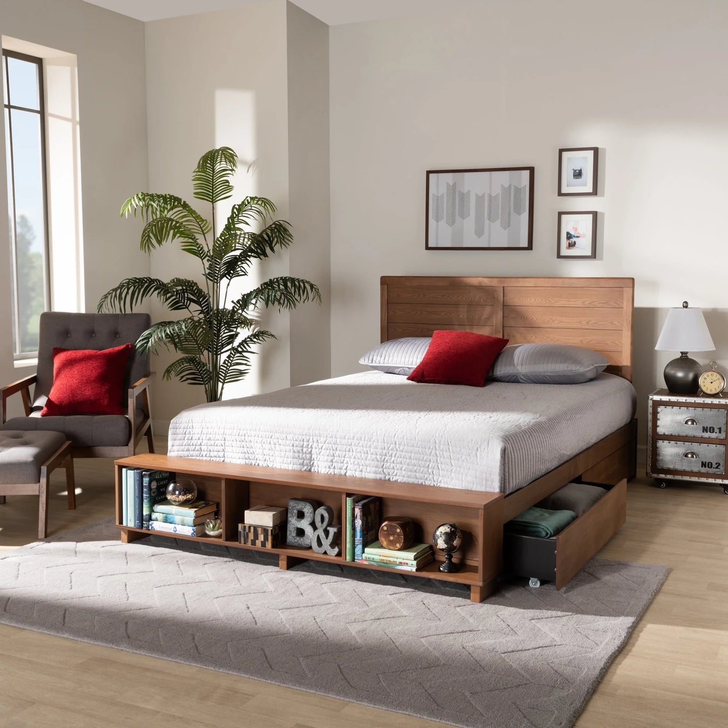 Baxton Studio Alba Modern Transitional Ash Walnut Brown Finished Wood Queen Size 4-Drawer Platform Storage Bed with Built-In Shelves