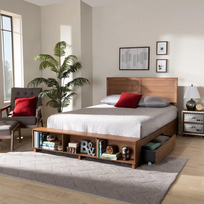 Baxton Studio Alba Modern Transitional Ash Walnut Brown Finished Wood Queen Size 4-Drawer Platform Storage Bed with Built-In Shelves
