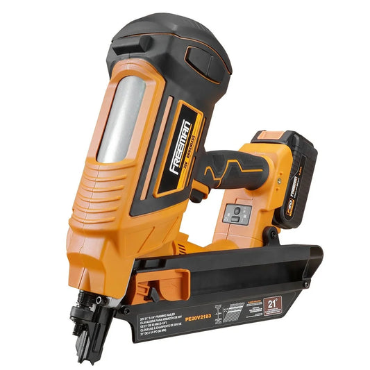 Freeman PE20V2183 20 Volt Cordless and Brushless 21 Degree 3-1/4" Framing Nailer Kit with Lithium Ion Battery, Charger, and Bag - 750 Shots per Charge