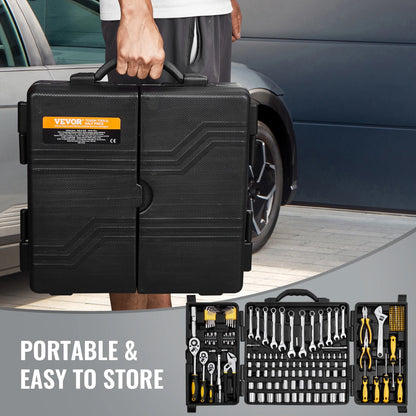 VEVOR 207-Piece Mechanics Tool Set, 1/4" 3/8" 1/2" Drive Sockets, SAE and Metric Mechanic Tool Kit with Bits, Wrenches, Ratchet Handle, Accessories, and Plastic Storage Case, for Automotive Repair