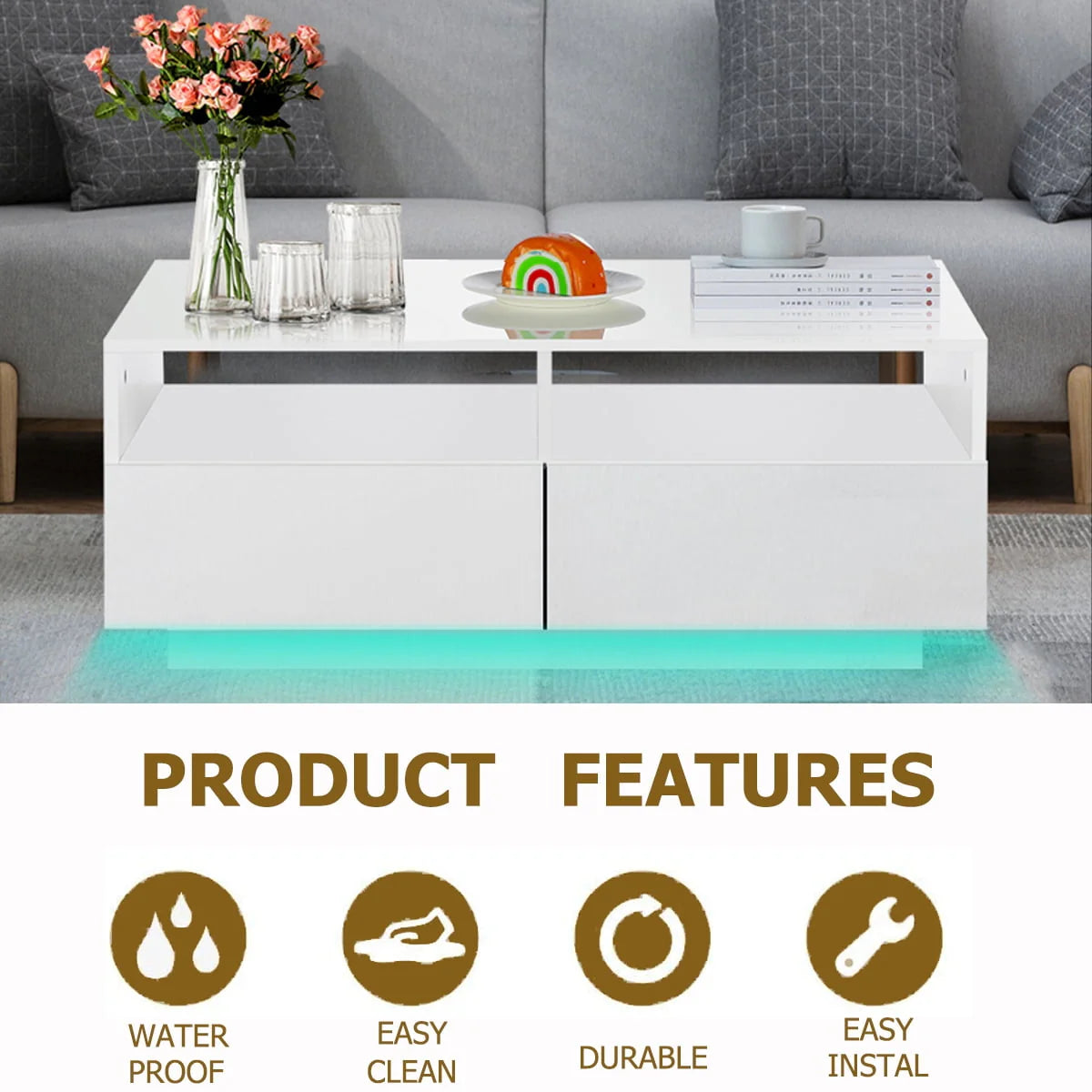 Hommpa LED Coffee Table Rectangular High Gloss Coffee Tea Table Modern Center Table with LED Light 4 Storage Drawers Sofa End Table for Living Room 35.4 x 22 x 13.8 Inches