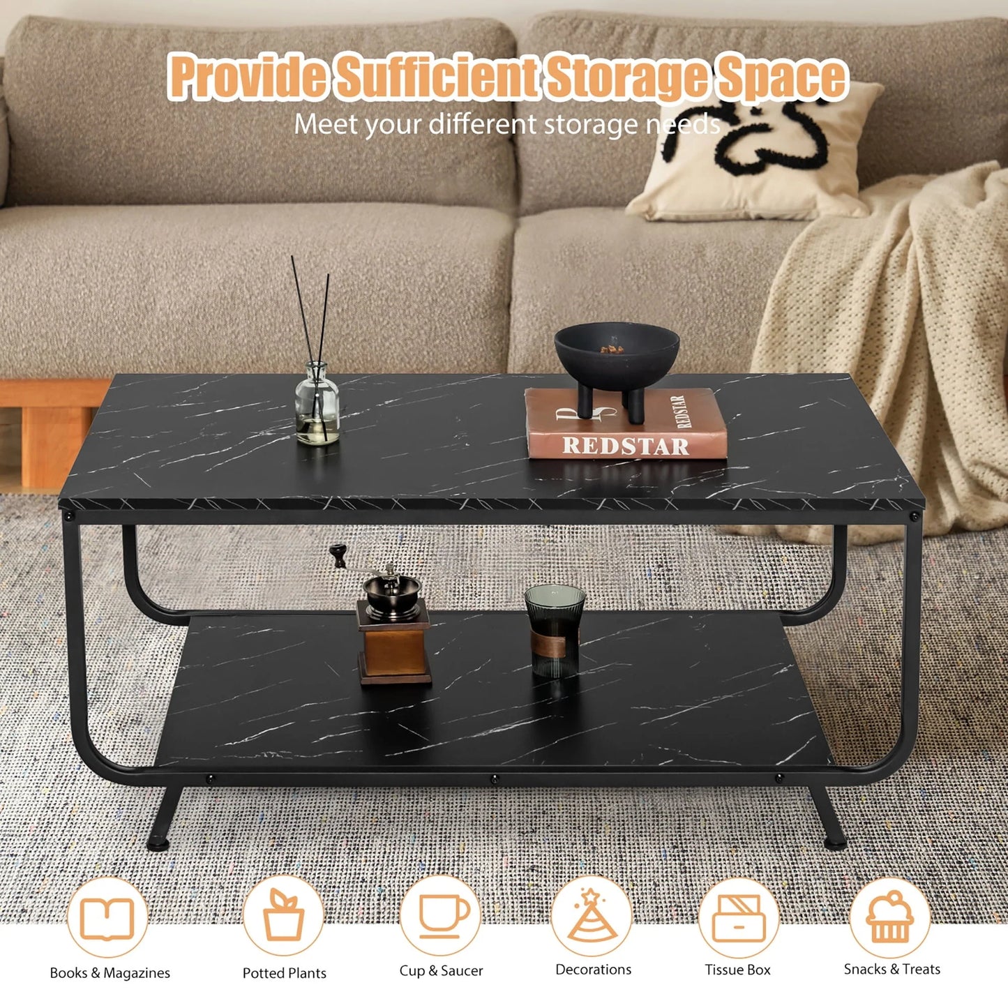 Costway Coffee Table 2-Tier Modern Marble Coffee Table W/Storage Shelf for Living Room