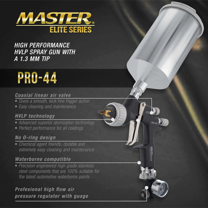 Master Elite Series High Performance HVLP Spray Gun with 1.3mm Tip with High Flow Air Pressure Regulator Gauge