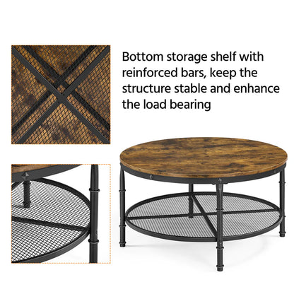 Smilemart Modern Round Metal Coffee Table with Storage Shelf, Rustic Brown