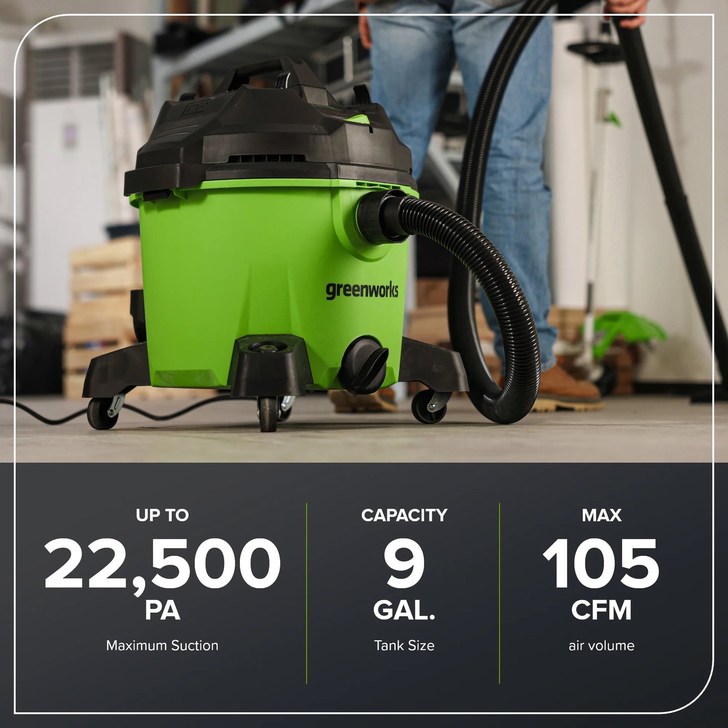 Greenworks 9 Gallon AC Wet/Dry Vacuum, Workshops Wheeled Cleaner with Washable HEPA Filter and Multiple Accessories for Hard Floor & Carpet