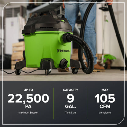 Greenworks 9 Gallon AC Wet/Dry Vacuum, Workshops Wheeled Cleaner with Washable HEPA Filter and Multiple Accessories for Hard Floor & Carpet