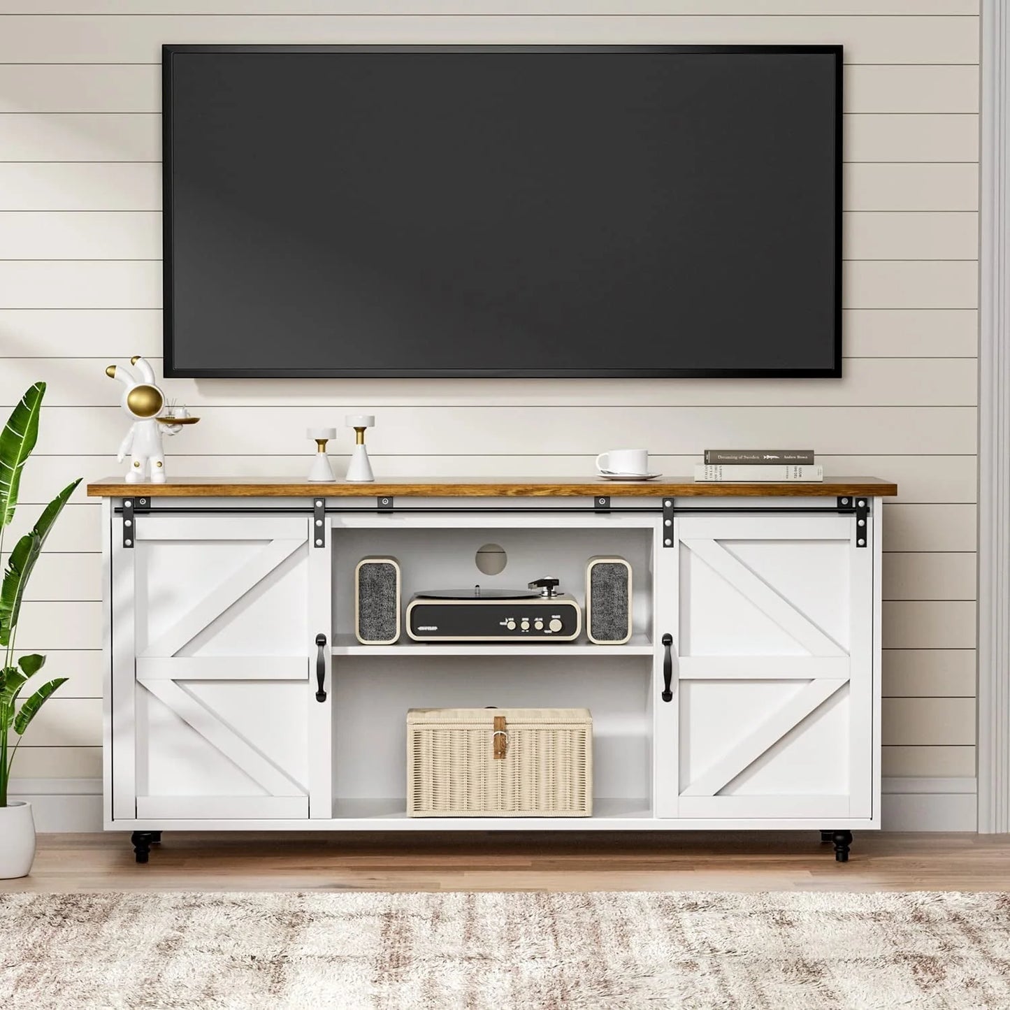 Catrimown Farmhouse Coffee Bar Cabinet, 58'' Kitchen Buffet Sideboard Storage Cabinet with Adjustable Shelves, White