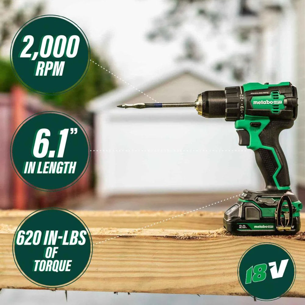 Metabo HPT 18V MultiVolt Cordless Brushless Driver Drill & Impact Driver Combo Kit, Includes 2 Lithium-Ion Batteries, Case and Charger, KC18DEXQB