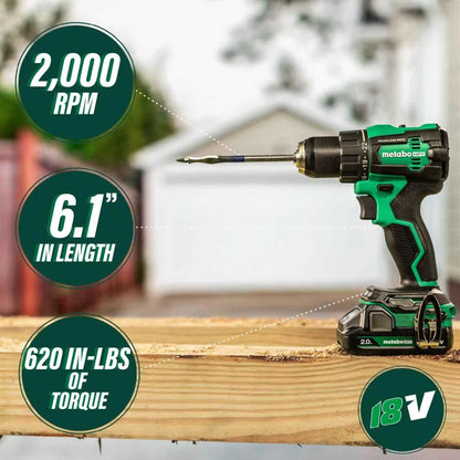 Metabo HPT 18V MultiVolt Cordless Driver Drill Kit | 620 in-lbs of Torque | Compact | Reactive Force Control | 22 + 1 Clutch Settings | LED Light | Belt Hook | Lifetime Tool Warranty | DS18DEX