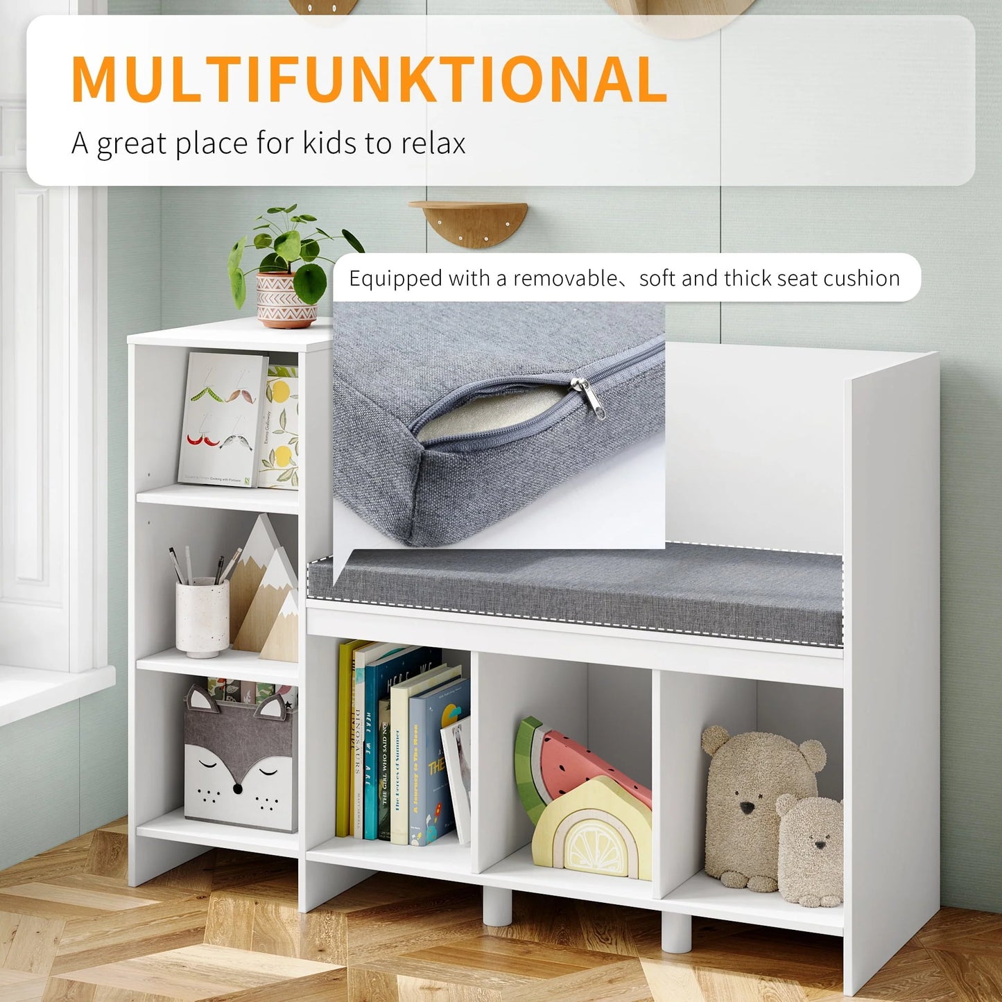 Homfa 6 Cube Kids Bookshelf with Reading Nook, Storage Organizer with Seat Cushion for Children's Room, White