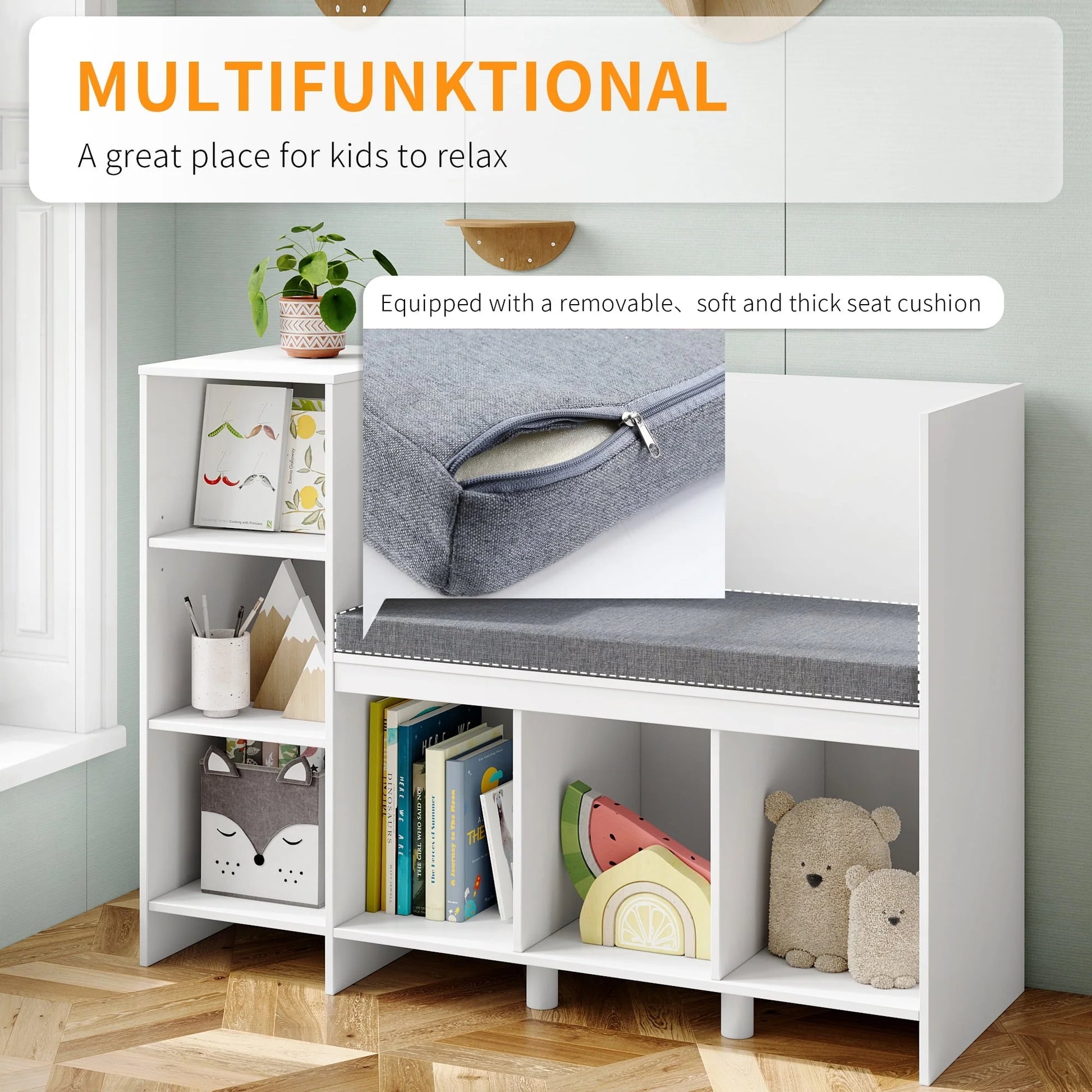 Homfa 6 Cube Kids Bookshelf with Reading Nook, Storage Organizer with Seat Cushion for Children's Room, White