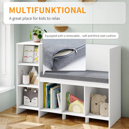 Homfa 6 Cube Kids Bookshelf with Reading Nook, Storage Organizer with Seat Cushion for Children's Room, White