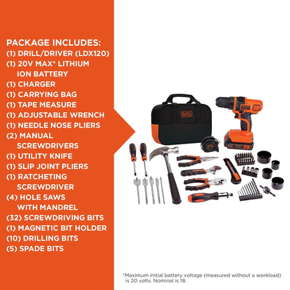 BLACK+DECKER 20V, 3 Ah Cordless Drill/Driver, 68 Piece Set, Battery and Charger Included