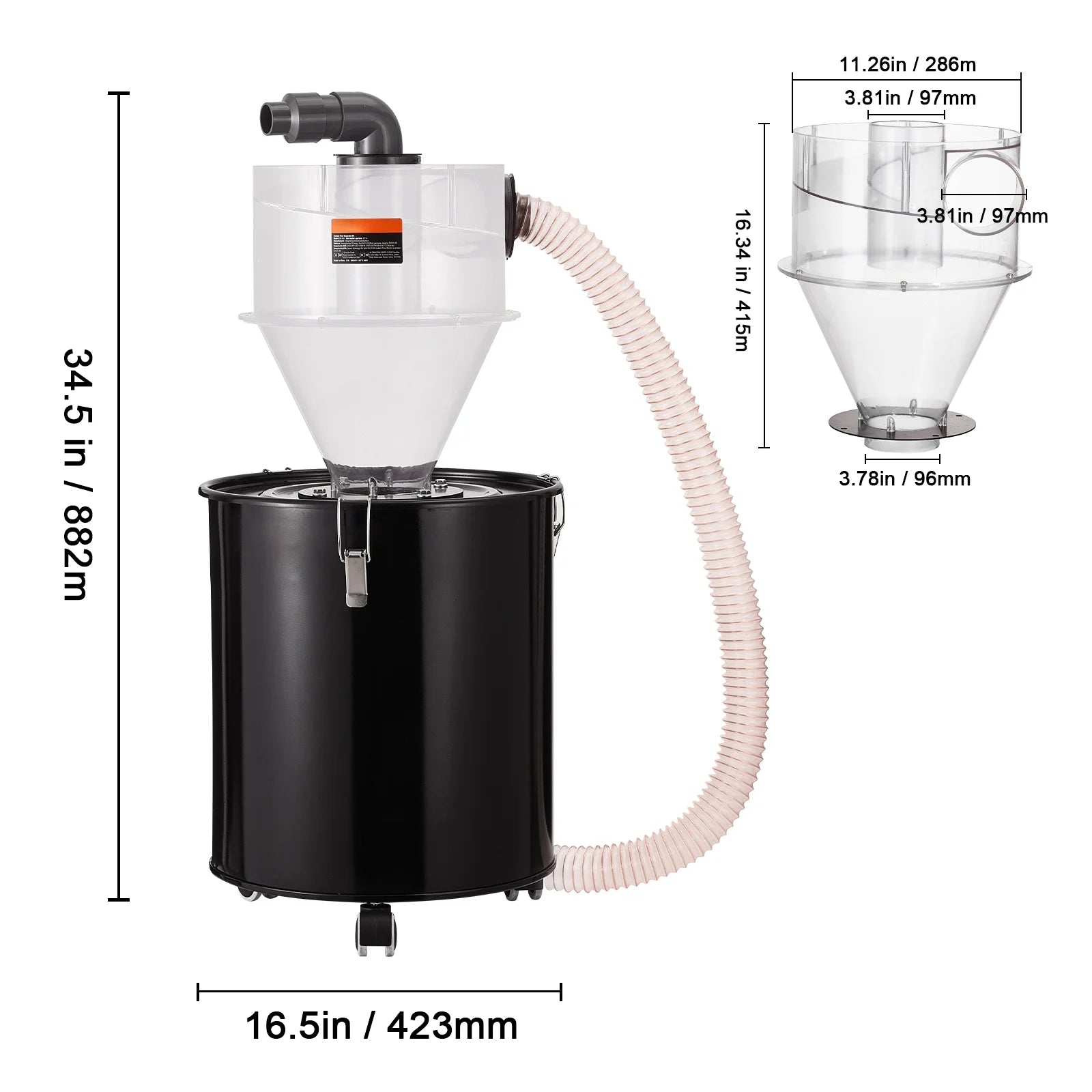 KFFKFF Dust Cyclone Kit with Steel Container, 4" Upgrade for Dust Collection Systems, ABS Dust Deputy, 2" Outer Diameter Connector & Hose for Wet/Dry Vacuums, Compatible with 13.21 Gallon Tanks