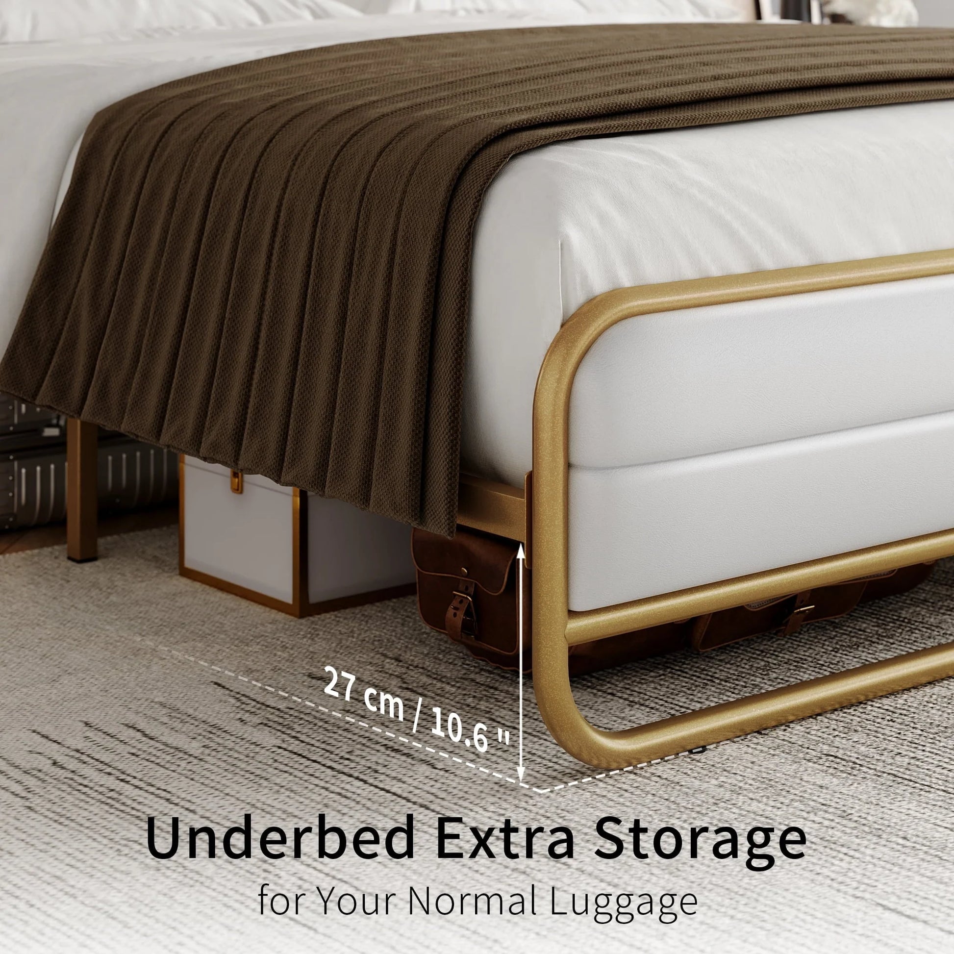 Homfa Queen Size Bed Frame, Gold Metal Tubular Platform Bed with PU Leather Upholstered Headboard, 10.6" Under Bed Storage, White