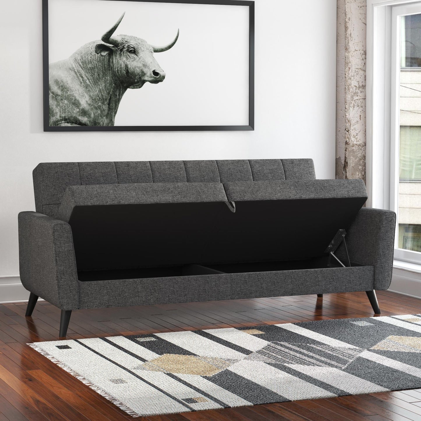 Queer Eye Liam Futon with Storage, Convertible Sofa, Gray Linen