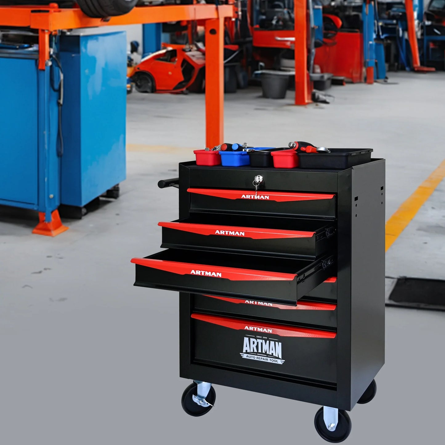 20" Rolling Metal Tool Chest with 6 Drawers, Ball Bearing Slides, Steel Tool Storage Organizer, Black & Red
