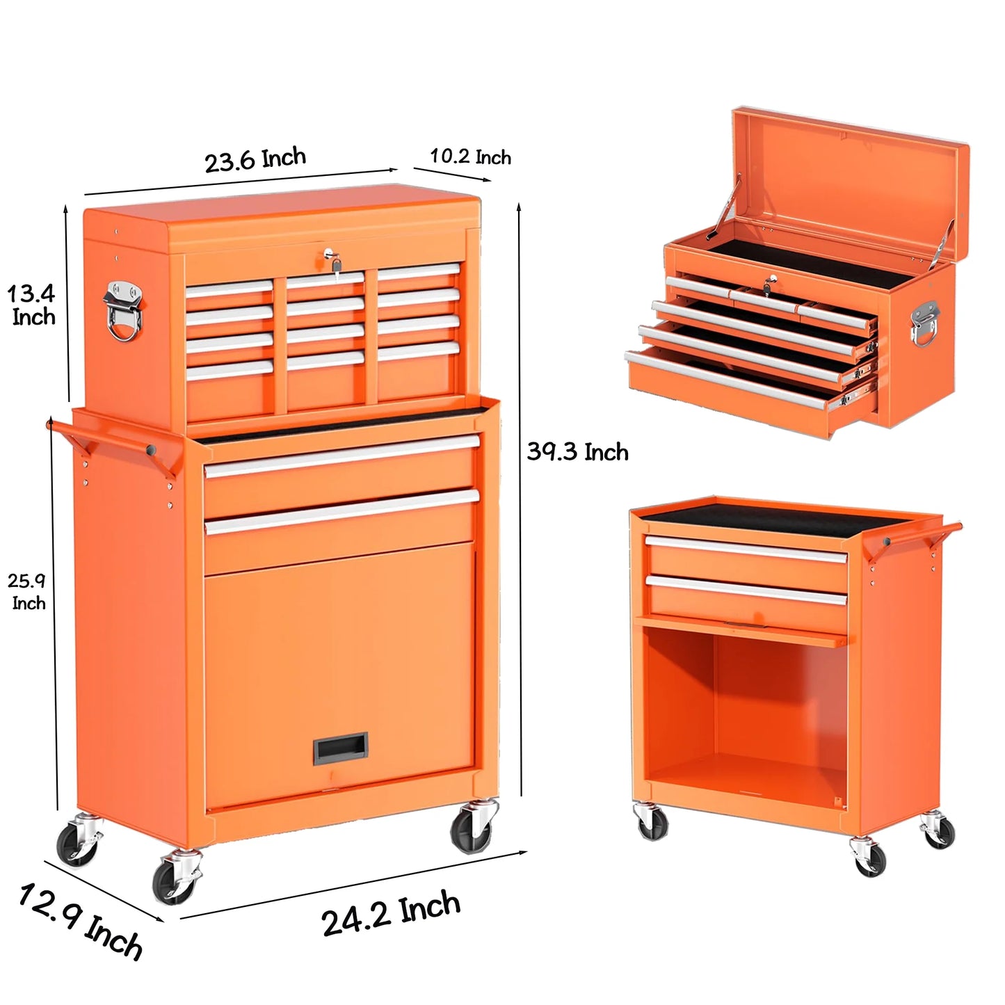 POVANLI High Capacity Rolling Tool Box with Wheels and 8 Drawers, Wheels Lockable, 2-IN-1 Tool Chest & Cabinet, Organizer, for Garages, Warehouses, Workshops, Repair Shops, Orange