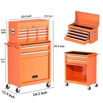 POVANLI High Capacity Rolling Tool Box with Wheels and 8 Drawers, Wheels Lockable, 2-IN-1 Tool Chest & Cabinet, Organizer, for Garages, Warehouses, Workshops, Repair Shops, Orange