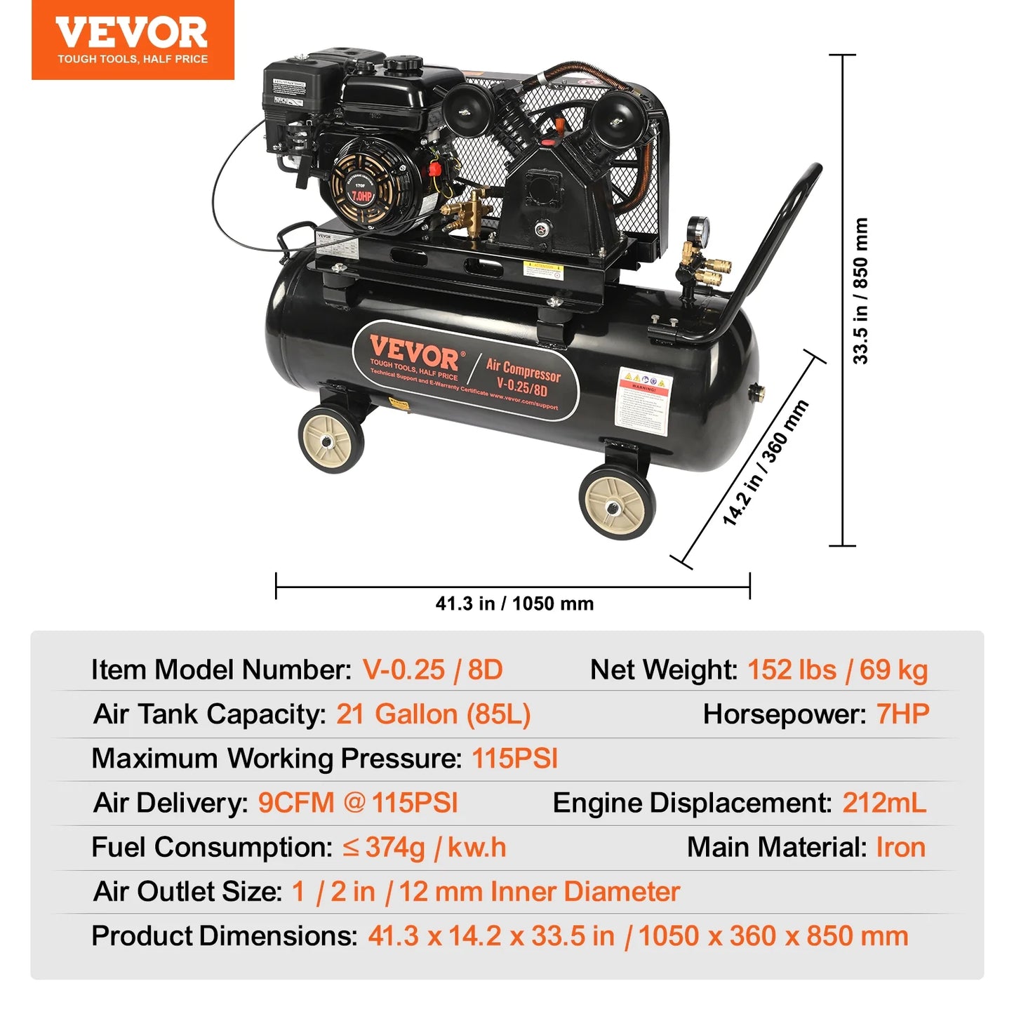 VEVOR 7HP Gas Powered Air Compressor, 21 Gallon Horizontal Air Compressor Tank, 9CFM@115PSI Gas Driven Piston Pump Air Compressed System with 115PSI Max Pressure for Construction Sites Workshop