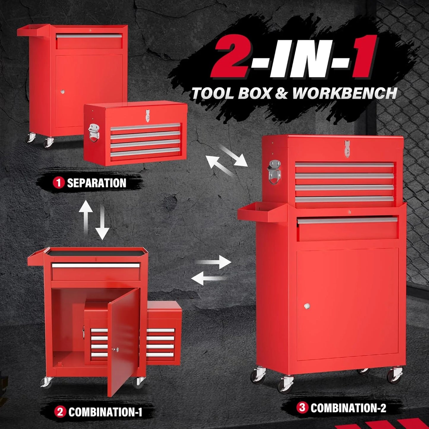 SOLAURA 5-Drawer Rolling Tool Chest Cabinet Metal Tool Storage Box Lockable with Wheels, Red