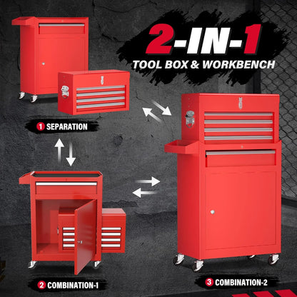 SOLAURA 5-Drawer Rolling Tool Chest Cabinet Metal Tool Storage Box Lockable with Wheels, Red