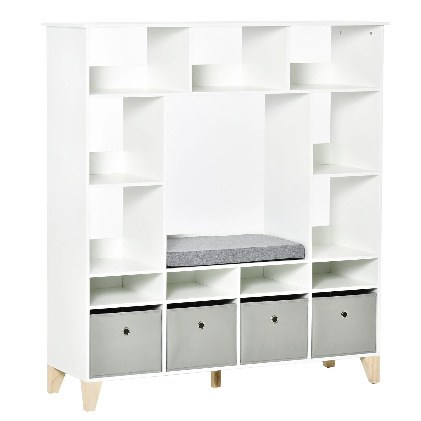 HOMCOM 47" Kids Reading Nook Bookshelf Storage Organizer Toy Cabinet Seat, White