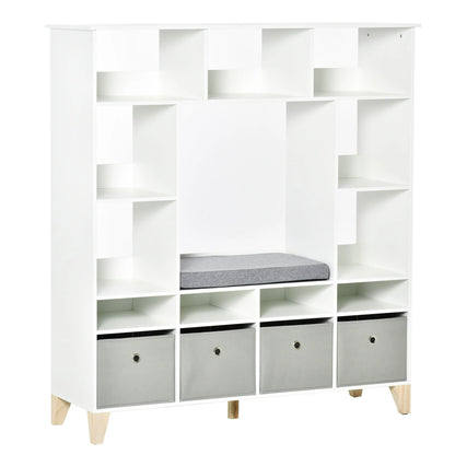 HOMCOM 47" Kids Reading Nook Bookshelf Storage Organizer Toy Cabinet Seat, White