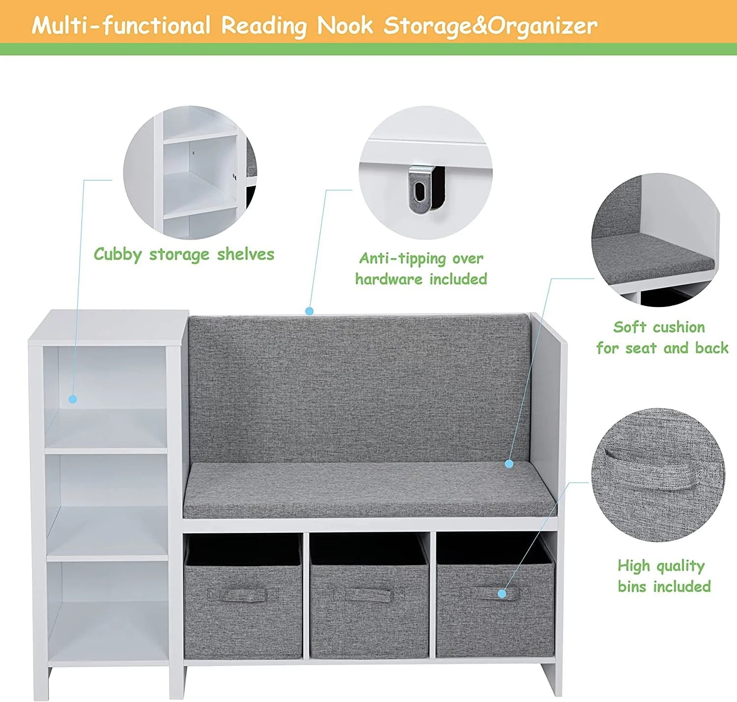 UTEX Kids Bookcase with Reading Seat, 6-Cubby Kids Toy Storage Organizer with Bins, Kids Bookshelf and Storage for Boys and Girls, White