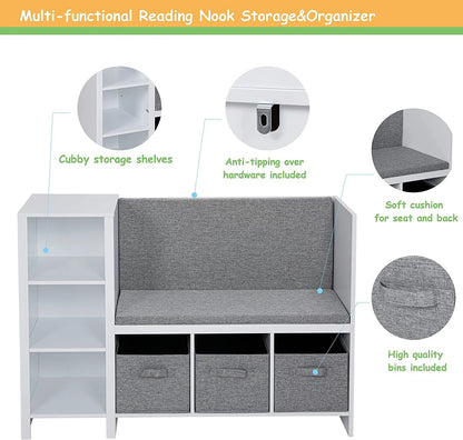 UTEX Kids Bookcase with Reading Seat, 6-Cubby Kids Toy Storage Organizer with Bins, Kids Bookshelf and Storage for Boys and Girls, White
