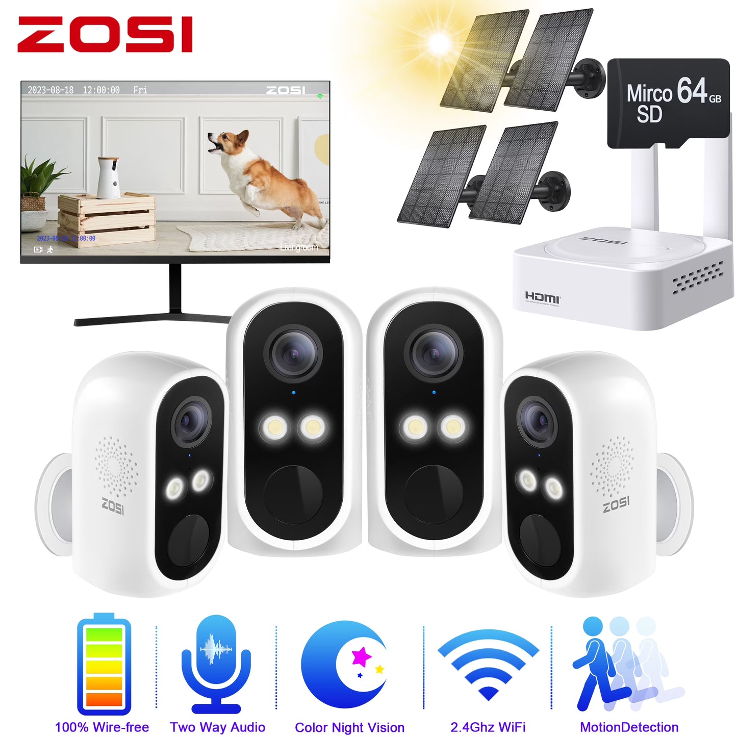 3MP Security Camera System with Audio, ZOSI 8CH Wi-Fi Security Camera System, 2K Outdoor with Color Night Vision,2TB HDD for 24/7 Recording, Smart Home Security
